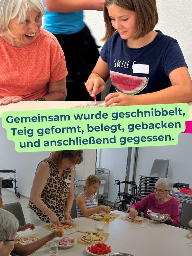 Das Bild zeigt Bewohner und Kinder beim Backen von Pizza